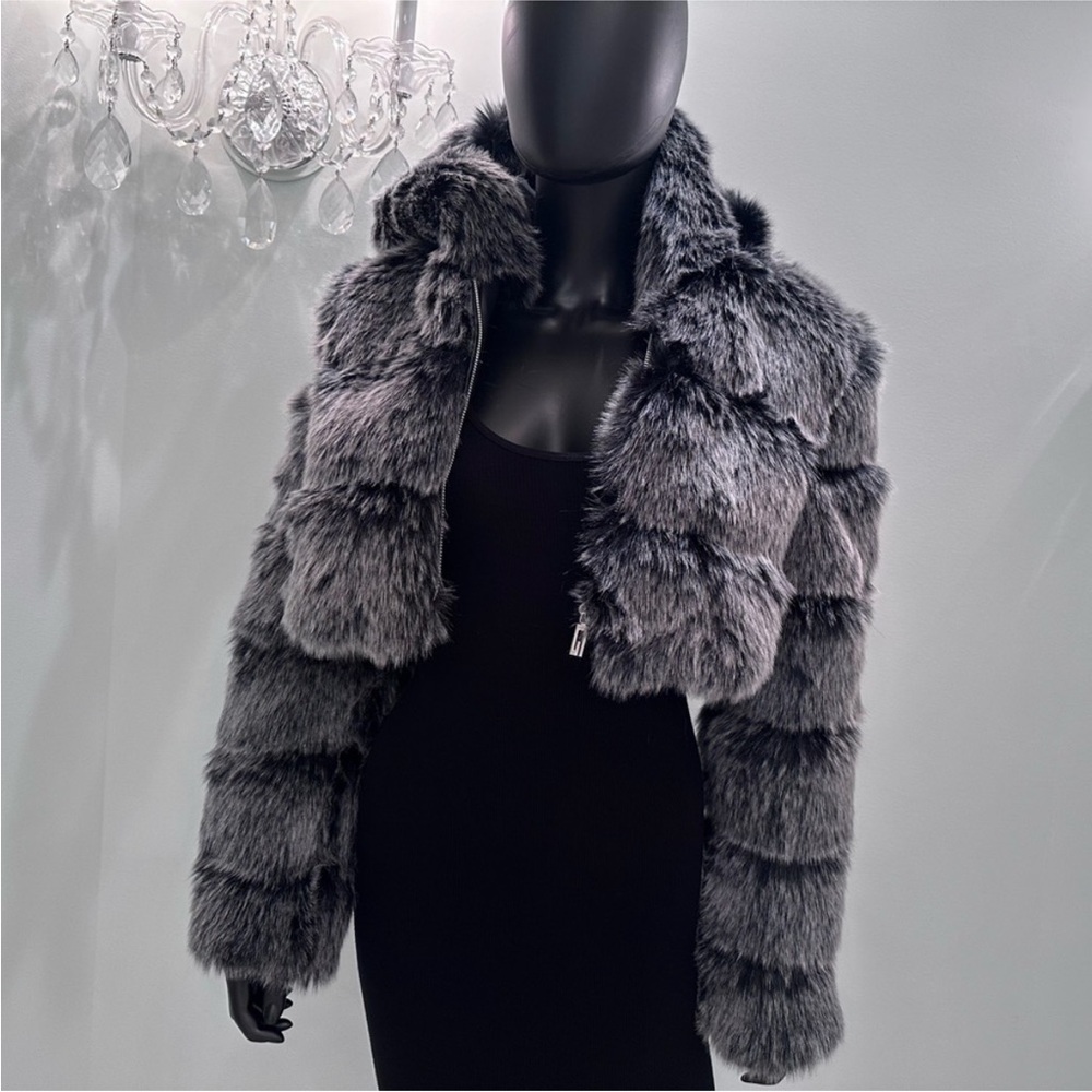 Elegant Gray Faux Fur Jacket
